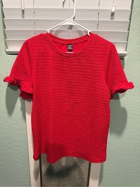 SHEIN Red Textured Short Sleeve Ruffle Tee